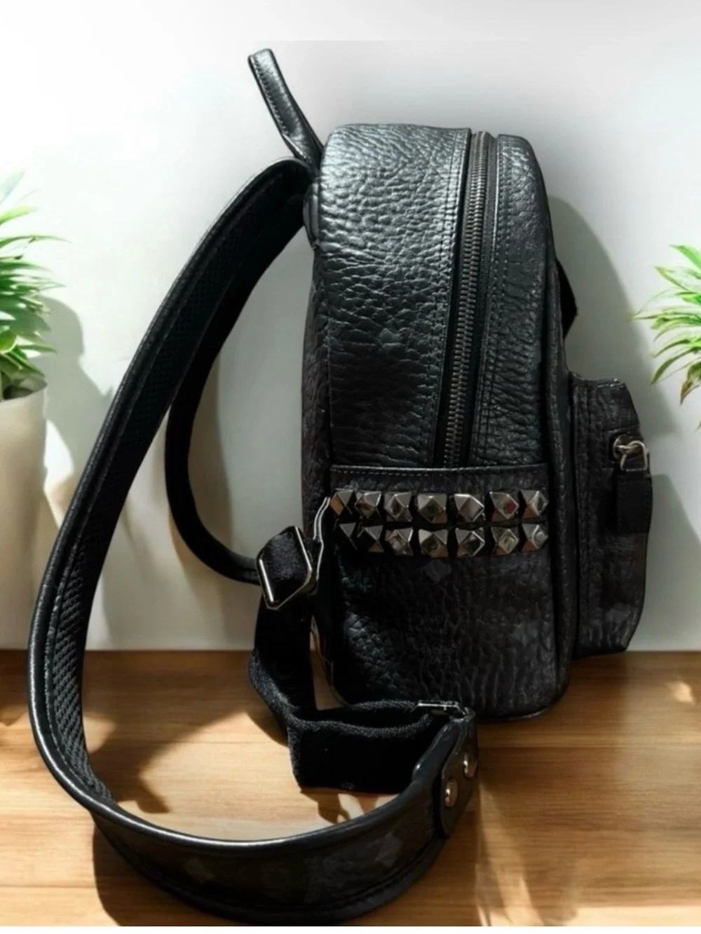 MCM Black Logo-Stamped Leather Mini Backpack with Stud Details